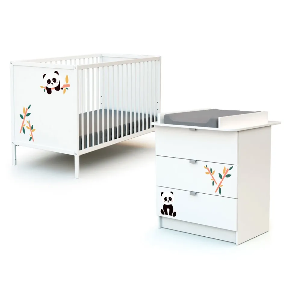 Chambre duo lit bébé 60x120 cm et commode à langer webaby panda