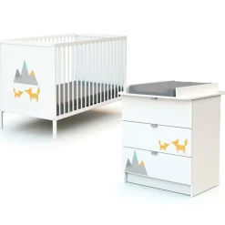 Chambre duo lit bébé 60x120 cm et commode à langer webaby renard gris