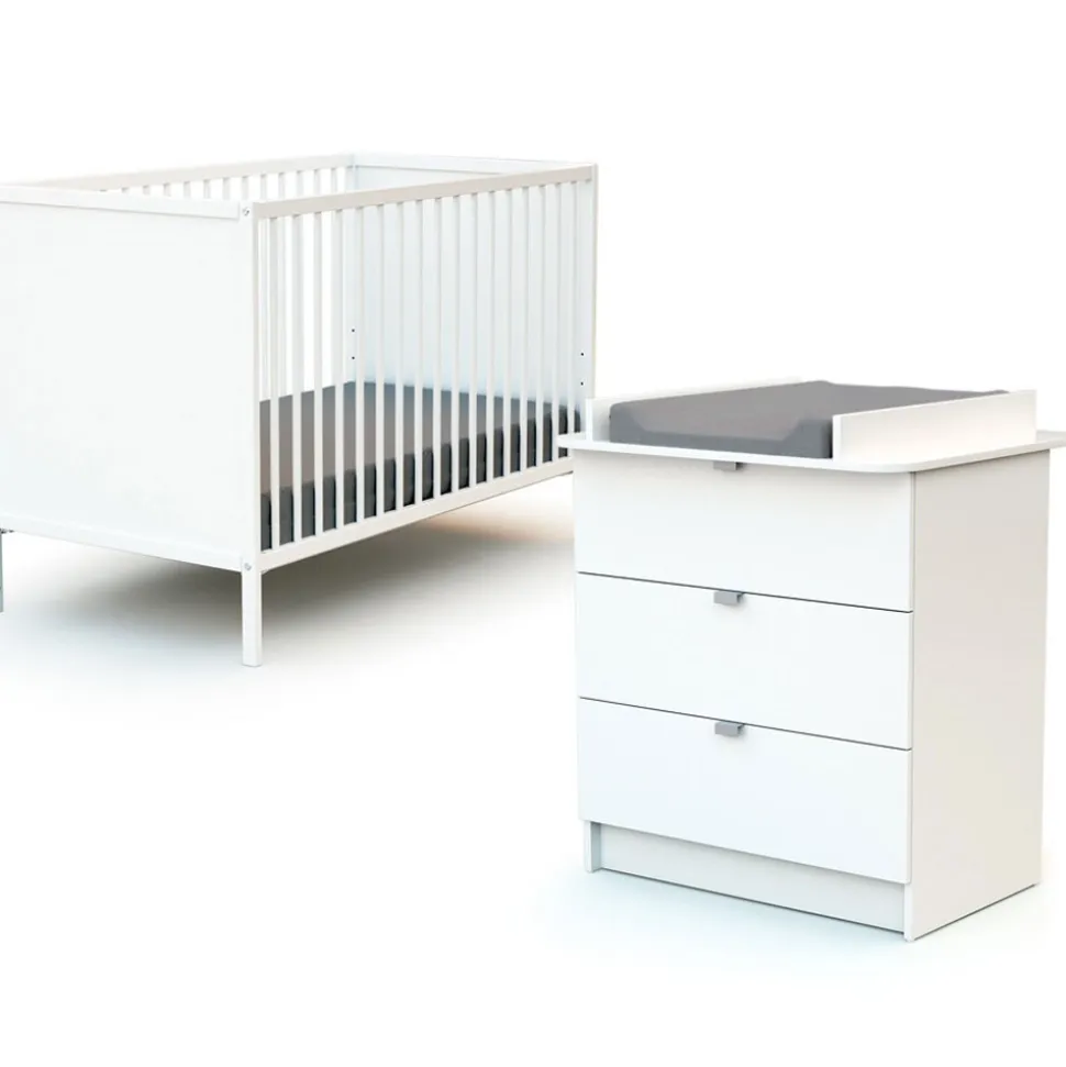 Chambre duo lit bébé 60x120 cm et commode à langer webaby blanc