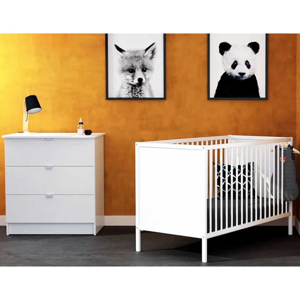 Chambre duo lit bébé 60x120 cm et commode à langer webaby blanc