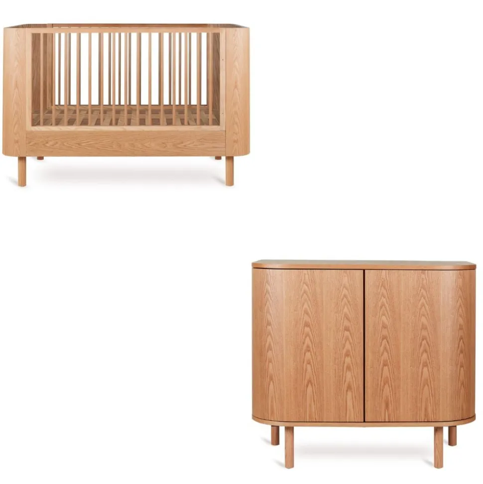 Chambre duo lit bébé 70x140 cm évolutif en canapé yume natural ash + commode 2 portes yume naturel ash wood avec plan à langer