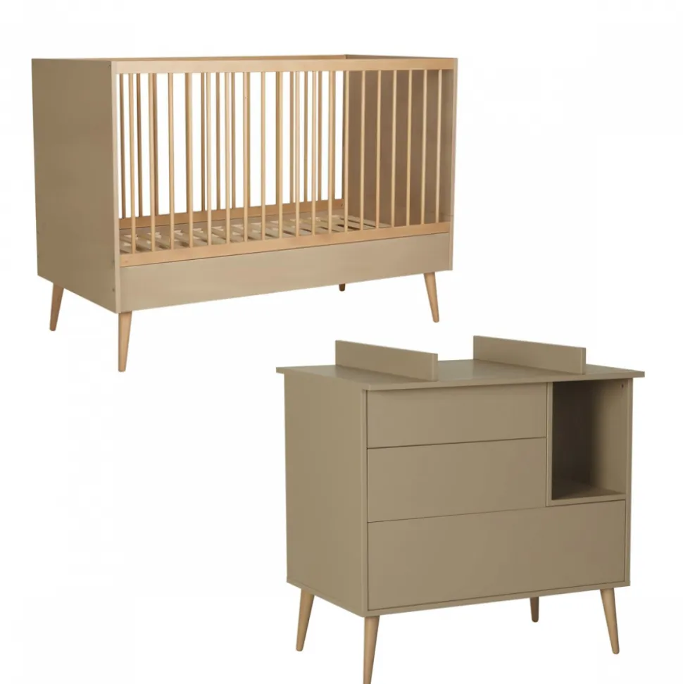 Chambre duo lit bébé 70x140 cm évolutif en lit enfant + commode avec plan à langer cocoon latte
