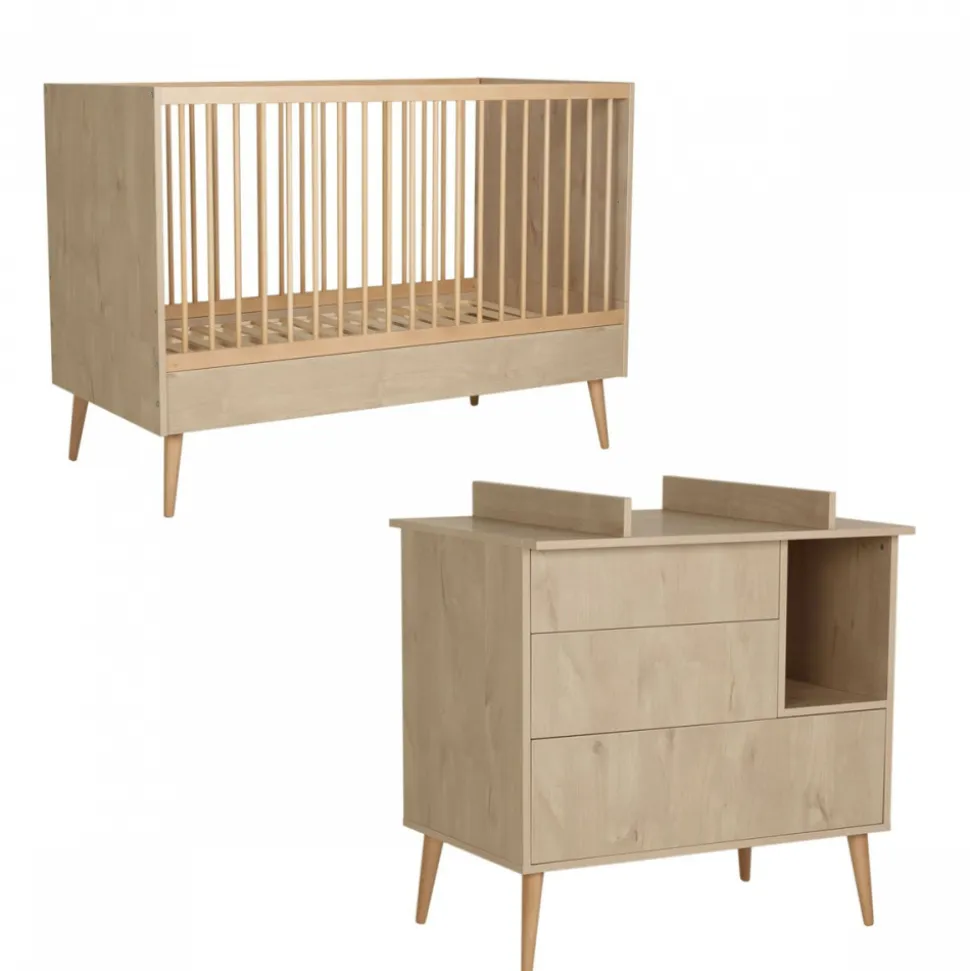 Chambre duo lit bébé 70x140 cm évolutif en lit enfant + commode avec plan à langer cocoon natural oak