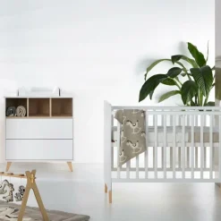 Chambre duo lit bébé 70x140 cm évolutif en lit enfant + commode avec plan à langer loft white
