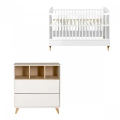 Chambre duo lit bébé 70x140 cm évolutif en lit enfant + commode avec plan à langer loft white