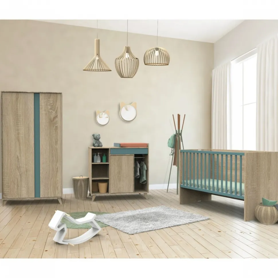 Chambre duo lit combiné évolutif 60x120 + armoire nova argile douce