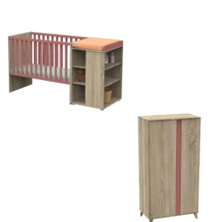 Chambre duo lit combiné évolutif 60x120 + armoire nova rose canyon