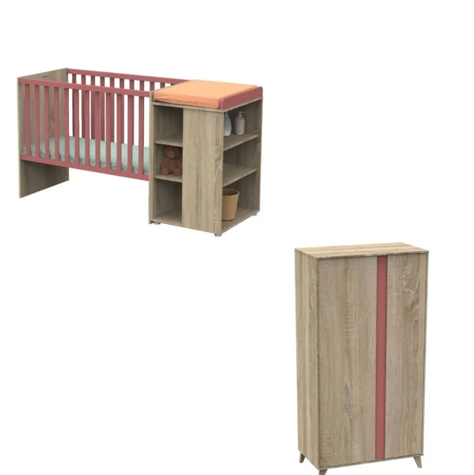 Chambre duo lit combiné évolutif 60x120 + armoire nova rose canyon