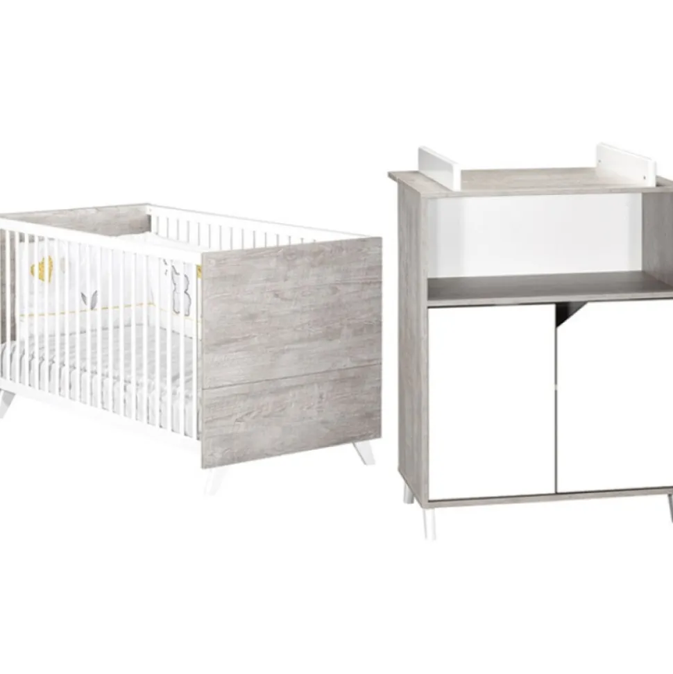 Chambre duo lit + commode scandi gris