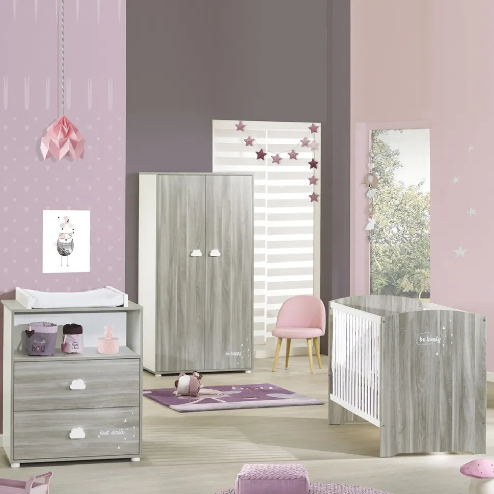 Chambre duo lit + commode smile chêne silex