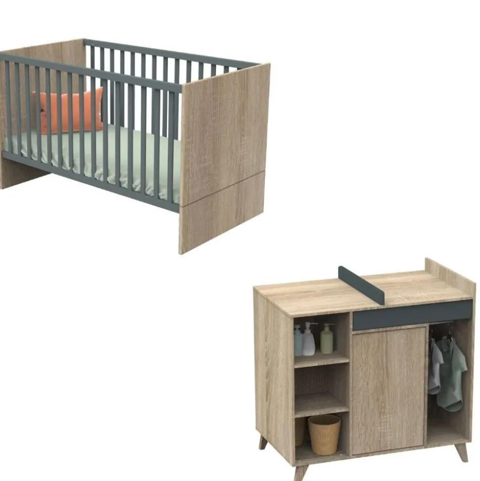 Chambre duo lit 70x140 + commode nova gris volcan