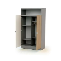 Chambre trio carnaval lit + armoire + meuble à langer blanc, gris et chêne