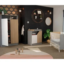 Chambre trio carnaval lit + armoire + meuble à langer blanc, gris et chêne