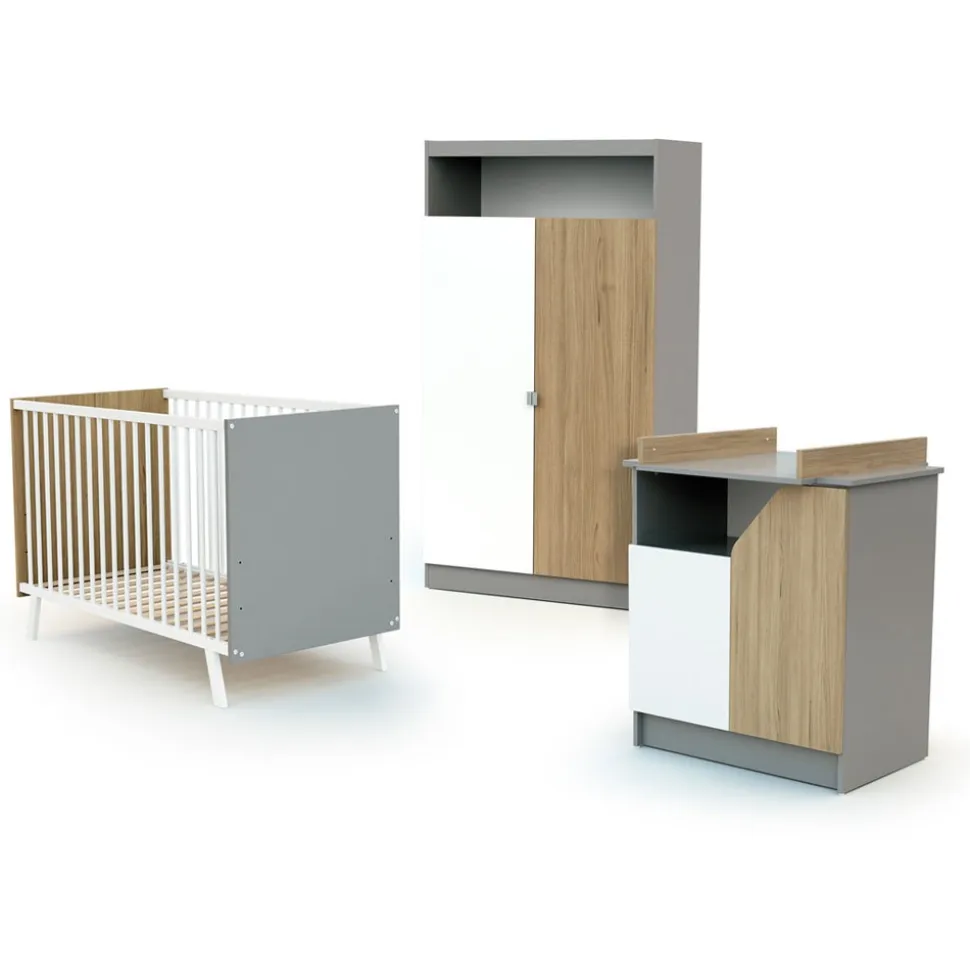 Chambre trio carnaval lit + armoire + meuble à langer blanc, gris et chêne