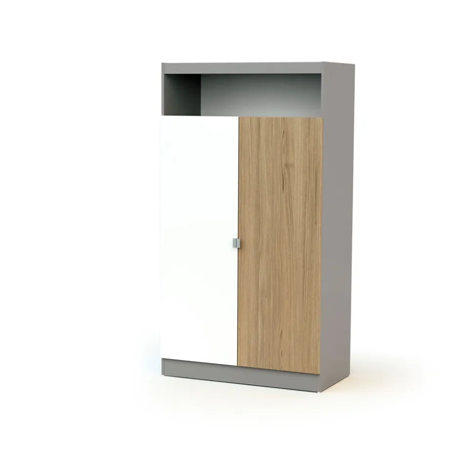 Chambre trio carnaval lit + armoire + meuble à langer blanc, gris et chêne