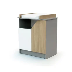 Chambre trio carnaval lit + armoire + meuble à langer blanc, gris et chêne