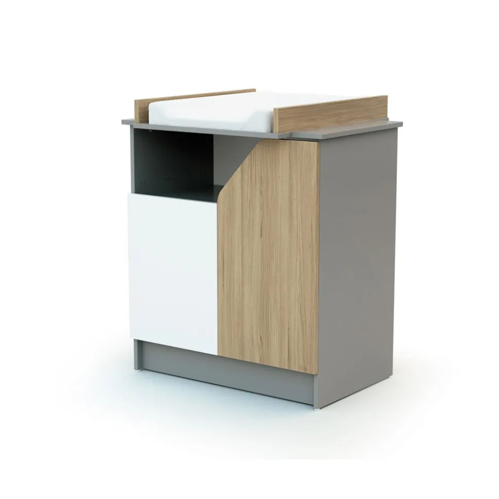 Chambre trio carnaval lit + armoire + meuble à langer blanc, gris et chêne