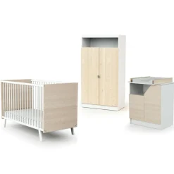 Chambre trio carnaval lit + armoire + meuble à langer blanc et bouleau