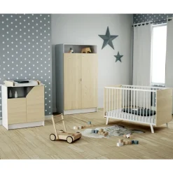 Chambre trio carnaval lit + armoire + meuble à langer blanc et bouleau