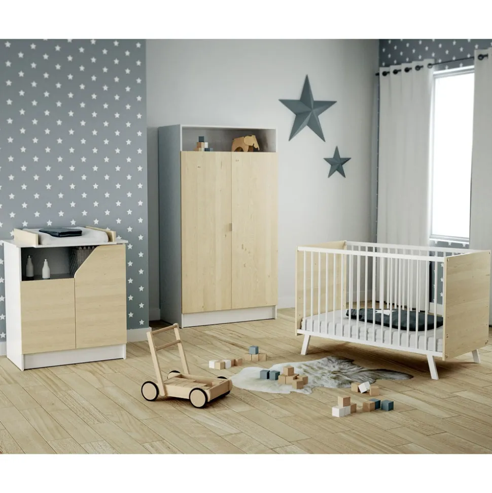 Chambre trio carnaval lit + armoire + meuble à langer blanc et bouleau
