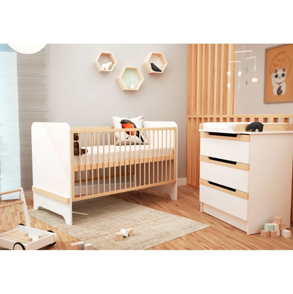 Chambre trio carrousel lit évolutif 70x140 cm + commode à langer + armoire blanc et hêtre