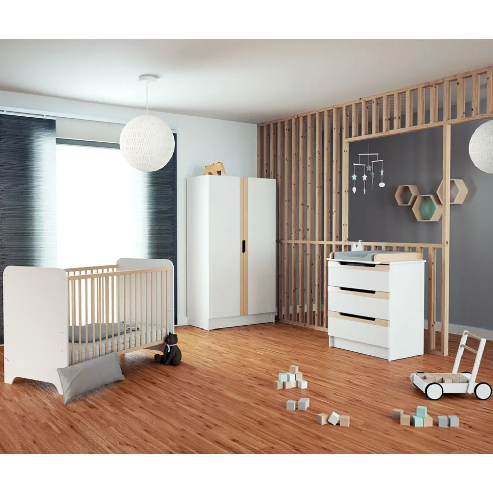 Chambre trio carrousel lit 60x120 cm + commode à langer + armoire blanc et hêtre