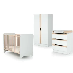 Chambre trio carrousel lit 60x120 cm + commode à langer + armoire blanc et hêtre