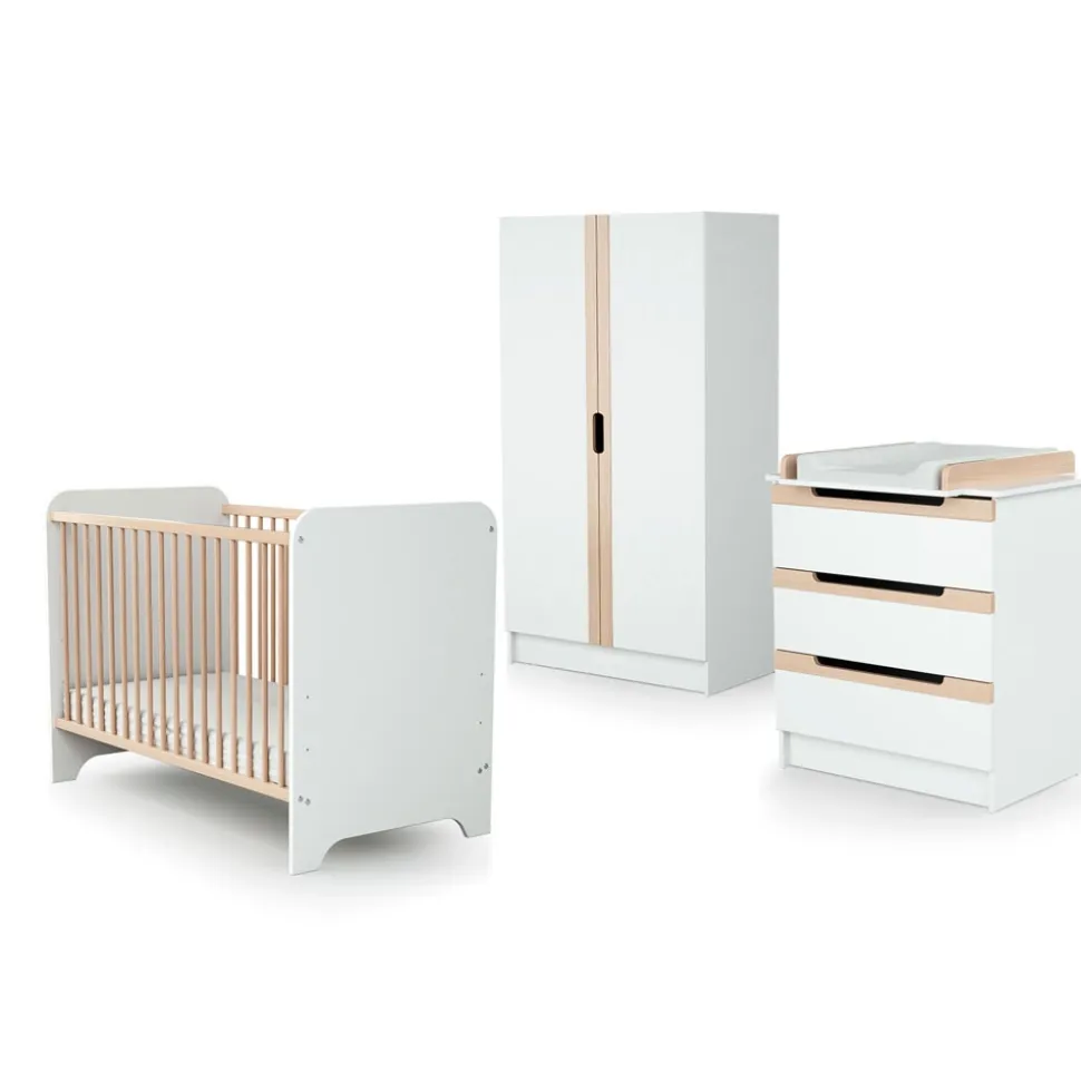 Chambre trio carrousel lit 60x120 cm + commode à langer + armoire blanc et hêtre