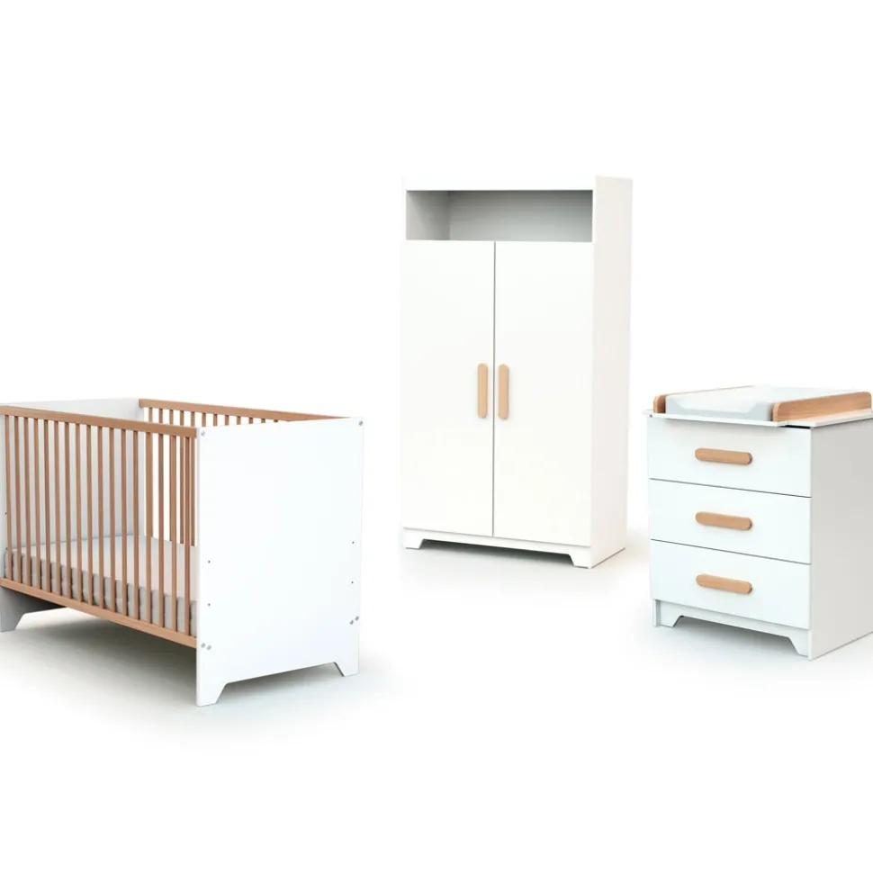 Chambre trio gavroche lit bébé 60x120 + commode à langer + armoire blanc et hêtre