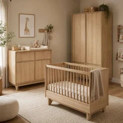 Chambre trio kyo lit bébé évolutif 70 x 120 cm + armoire + commode avec plan à langer - honey ash