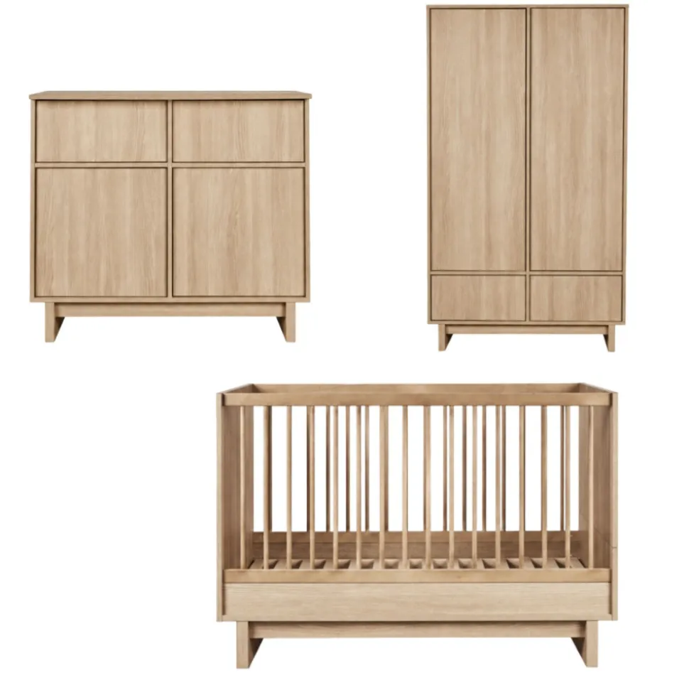 Chambre trio kyo lit bébé évolutif 70 x 120 cm + armoire + commode avec plan à langer - honey ash