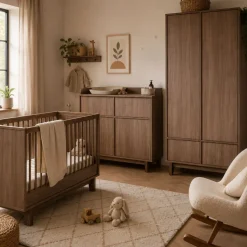 Chambre trio kyo lit bébé évolutif 70 x 120 cm + armoire + commode avec plan à langer - walnut