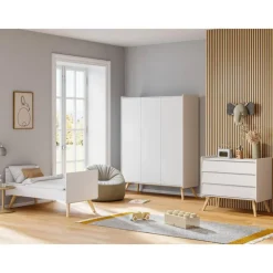 Chambre trio lit bébé évolutif 70 x 140 cm + commode 3 tiroirs + armoire 3 portes vintage blanc