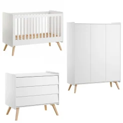 Chambre trio lit bébé évolutif 70 x 140 cm + commode 3 tiroirs + armoire 3 portes vintage blanc