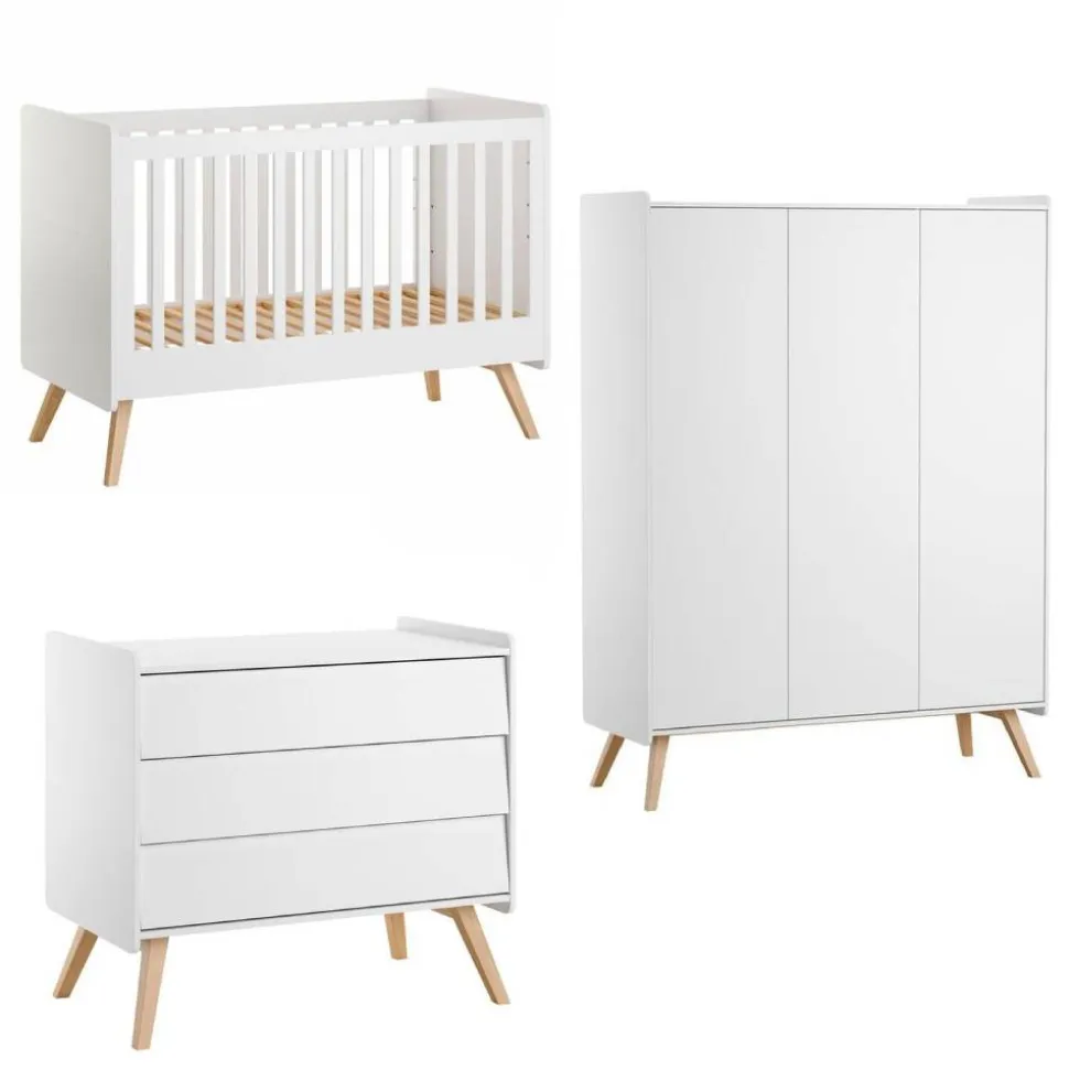 Chambre trio lit bébé évolutif 70 x 140 cm + commode 3 tiroirs + armoire 3 portes vintage blanc