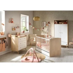 Chambre trio lit bébé 70x140 + armoire + commode access bois blanc