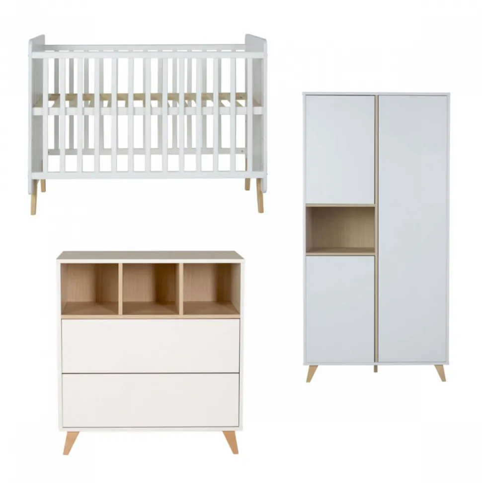 Chambre trio lit bébé 60x120 cm + armoire + commode avec plan à langer loft white