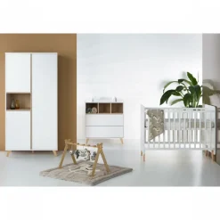 Chambre trio lit bébé 60x120 cm + armoire + commode avec plan à langer loft white