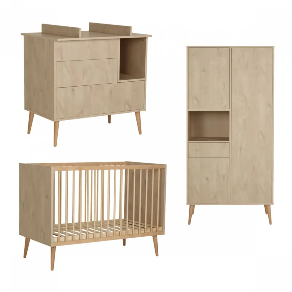 Chambre trio lit bébé 60x120 cm + armoire + commode avec plan à langer cocoon natural oak