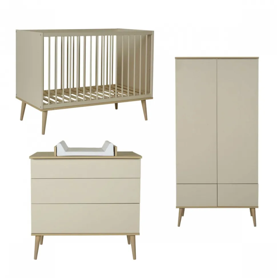 Chambre trio lit bébé 60x120 cm + armoire + commode avec plan à langer flow argile & oak