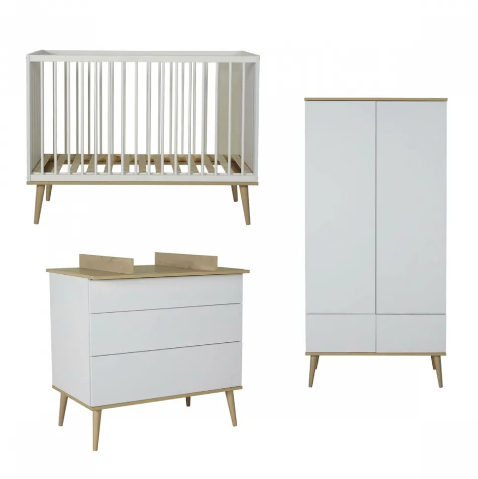 Chambre trio lit bébé 60x120 cm + armoire + commode avec plan à langer flow white & oak