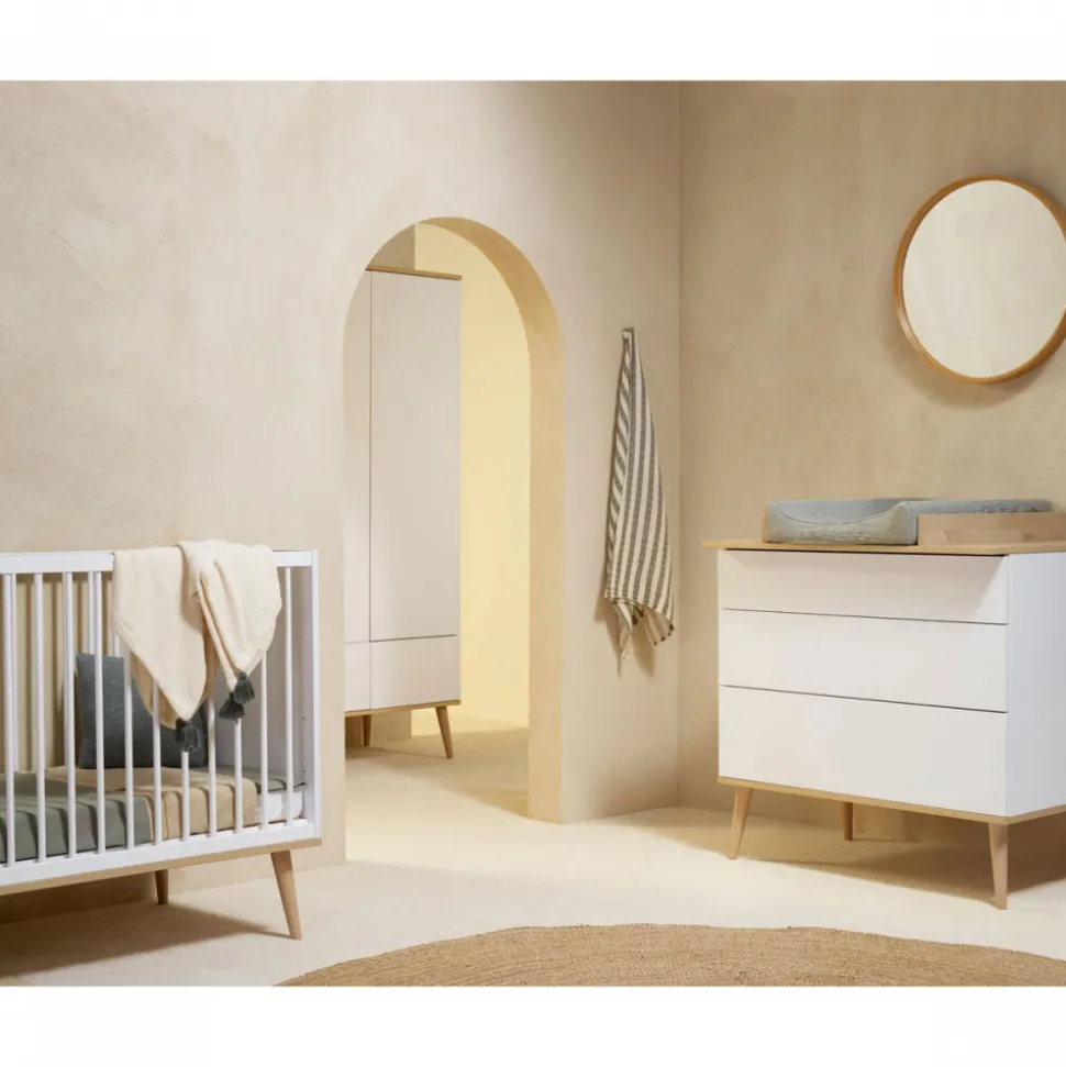 Chambre trio lit bébé 60x120 cm + armoire + commode avec plan à langer flow white & oak