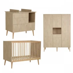 Chambre trio lit bébé 60x120 cm + armoire xl + commode avec plan à langer cocoon natural oak