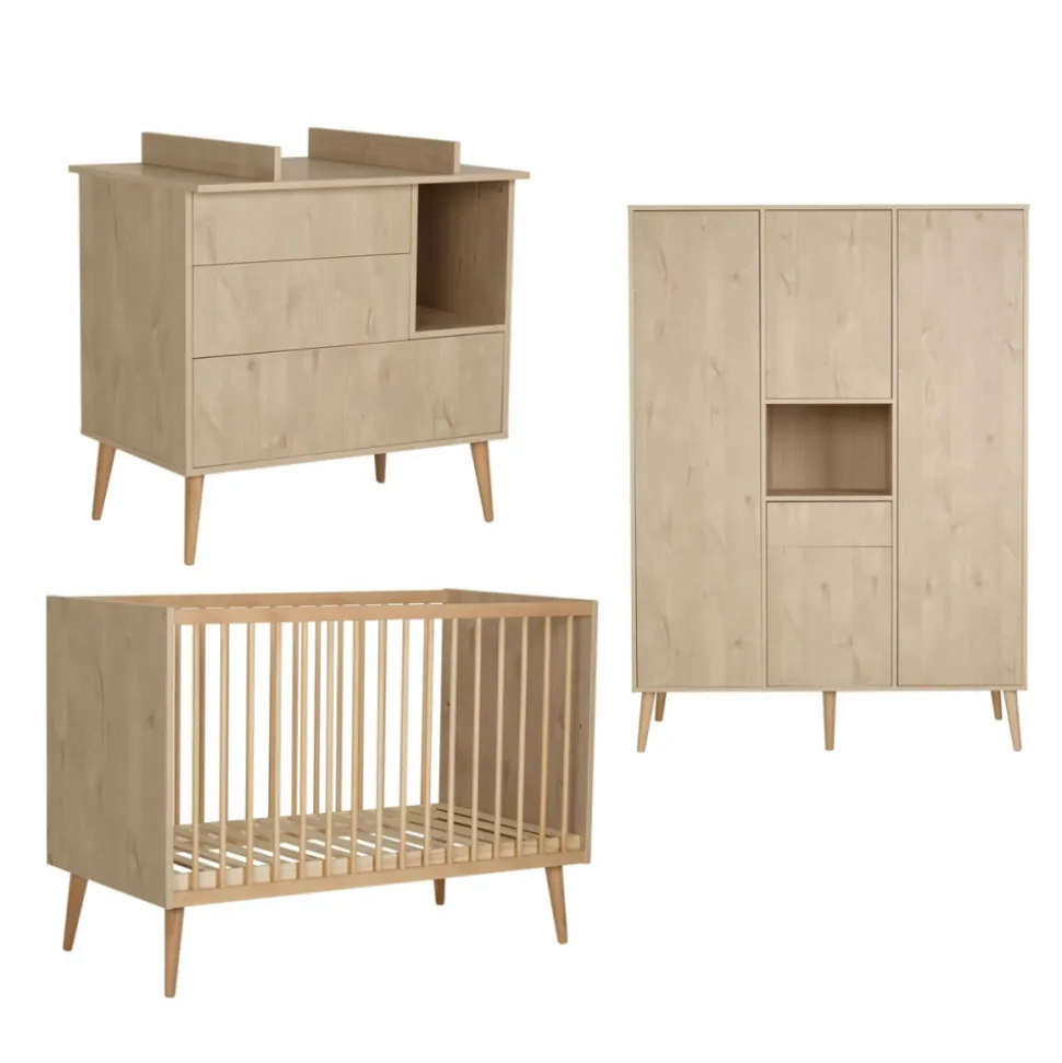 Chambre trio lit bébé 60x120 cm + armoire xl + commode avec plan à langer cocoon natural oak
