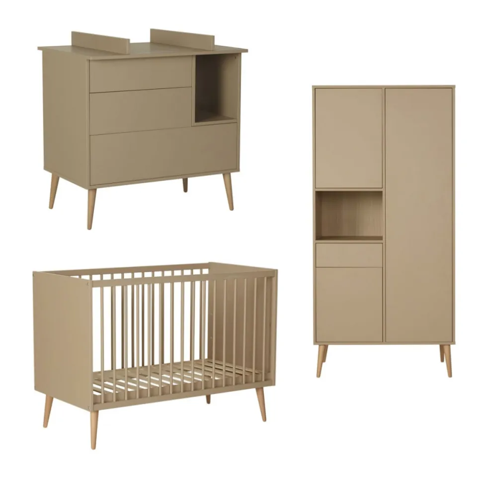 Chambre trio lit bébé 60x120 cm + armoire + commode avec plan à langer cocoon latte