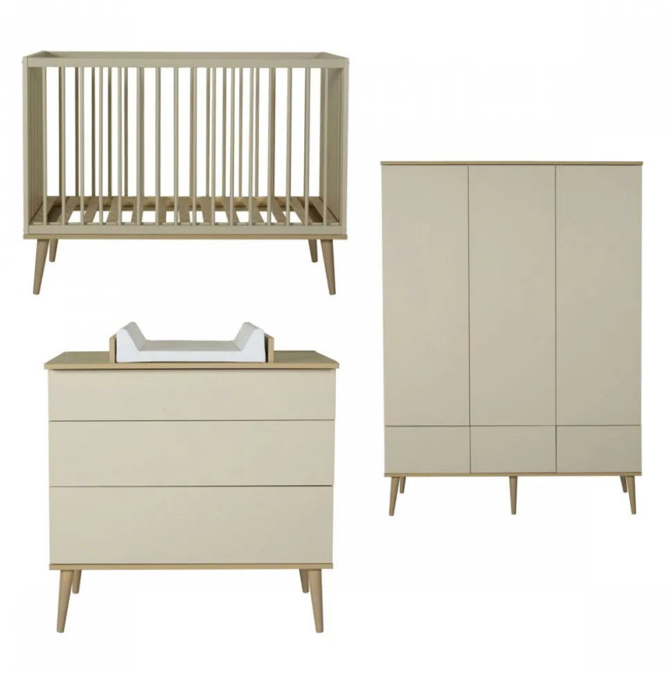 Chambre trio lit bébé 60x120 cm + armoire xl + commode avec plan à langer flow argile & oak