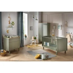 Chambre trio lit bébé 70x140 cm + armoire + commode eleonore kaki