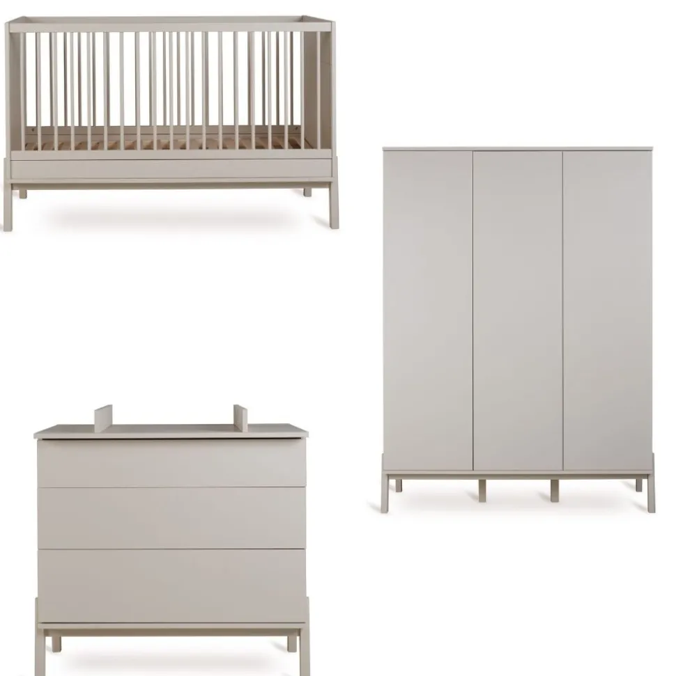 Chambre trio lit bébé 70x140 cm ashi argile + commode 3 tiroirs avec plan à langer + armoire 3 portes