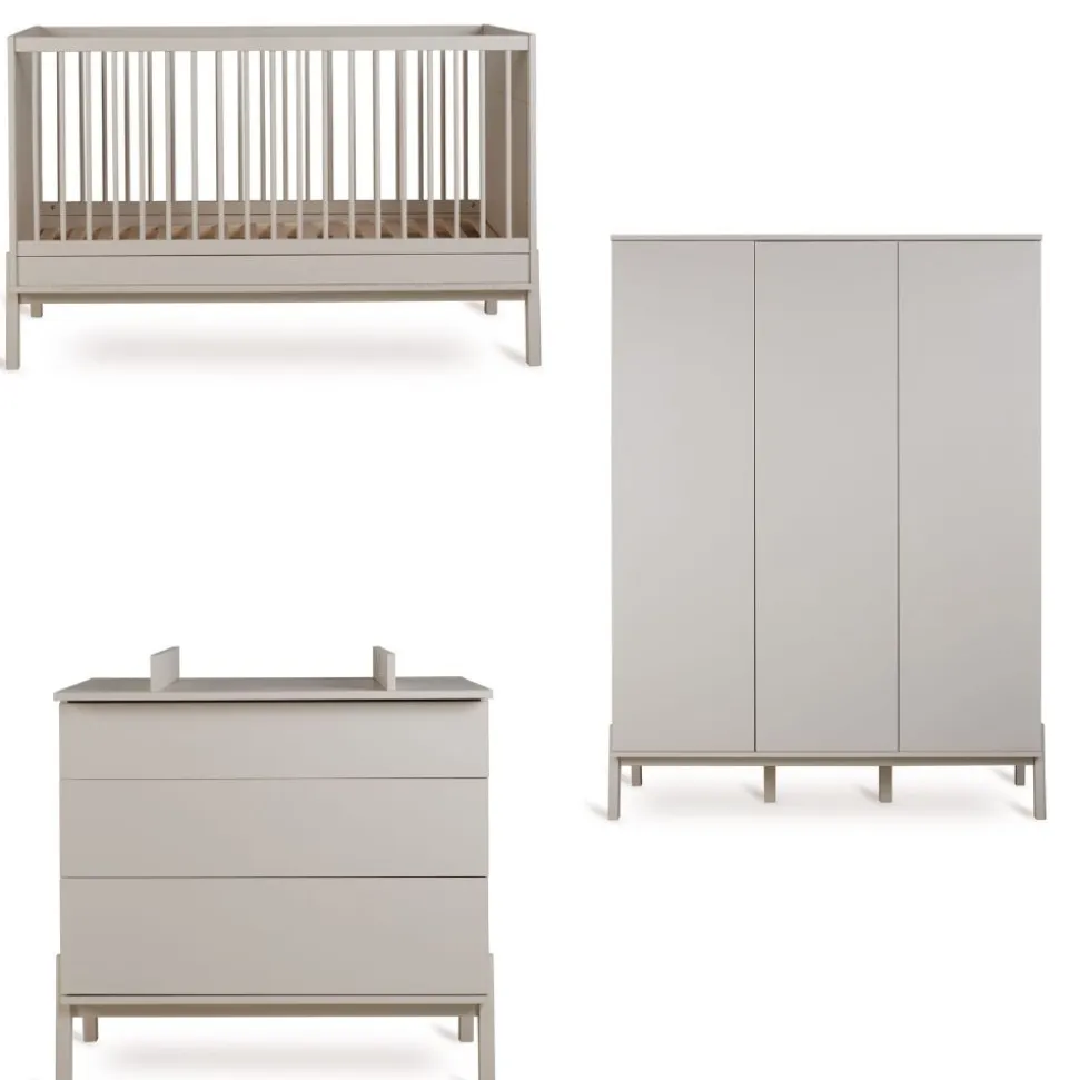 Chambre trio lit bébé 70x140 cm ashi argile + commode 3 tiroirs avec plan à langer + armoire 3 portes