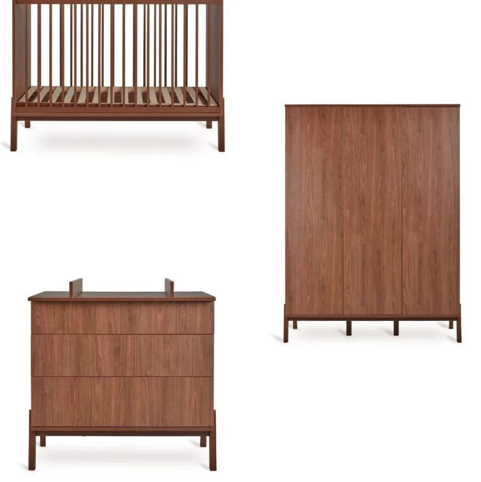 Chambre trio lit bébé 60x120 cm ashi chataignier+commode 3 tiroirs ashi chataignier avec plan à langer+armoire 3 portes ashi chataignier